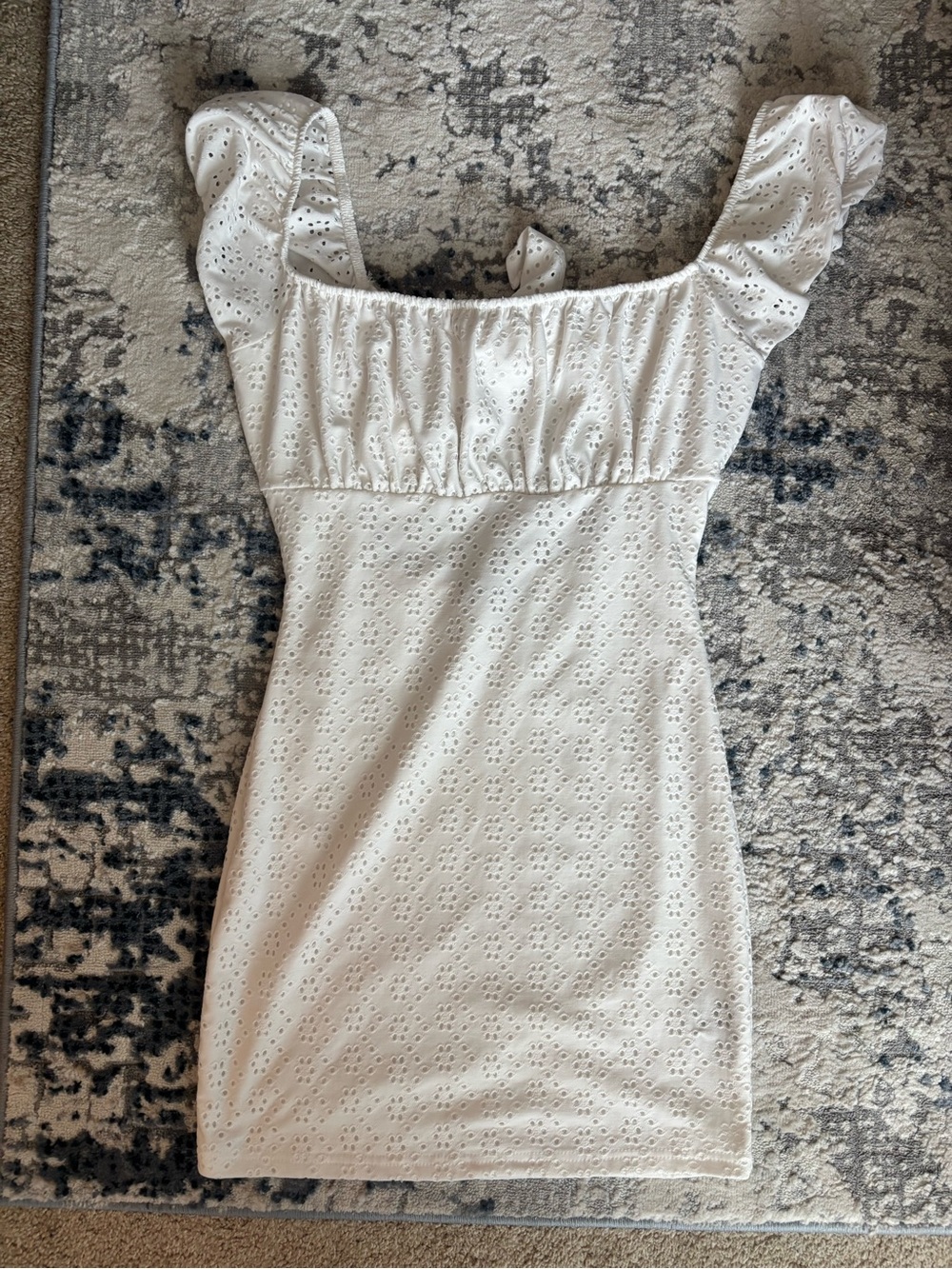 White Eyelet Square-Neck Mini Dress with Ruffle Straps
